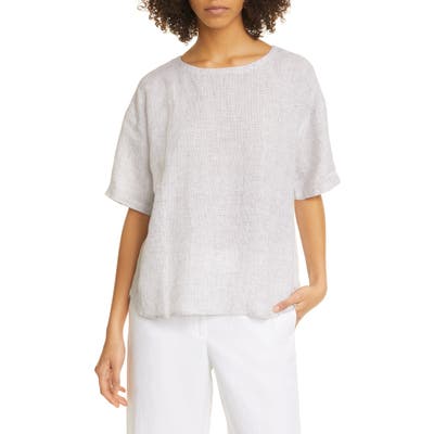 Eileen Fisher Jewel Neck Elbow Sleeve Boxy Organic Linen Top, White