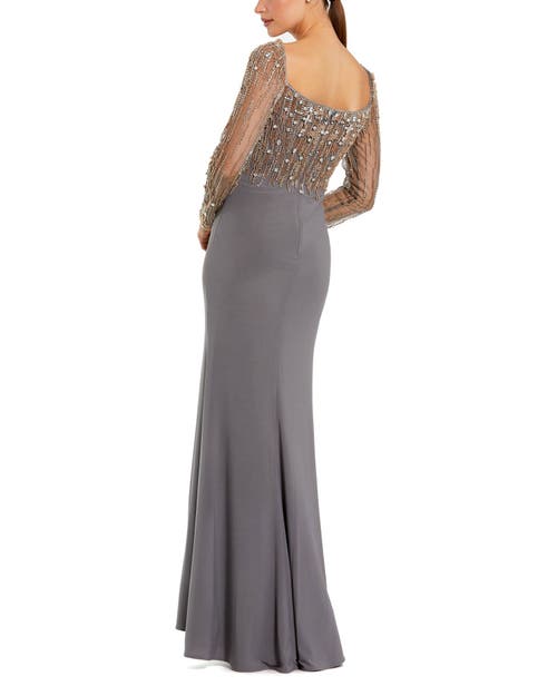 Mac Duggal Beaded Embellished Square Neck Long Sleeve Jersey Gown In Platinum Gold