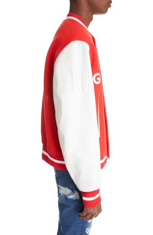 Shop Givenchy Embroidered Logo Mixed Media Leather & Wool Blend Varsity Jacket In White/red