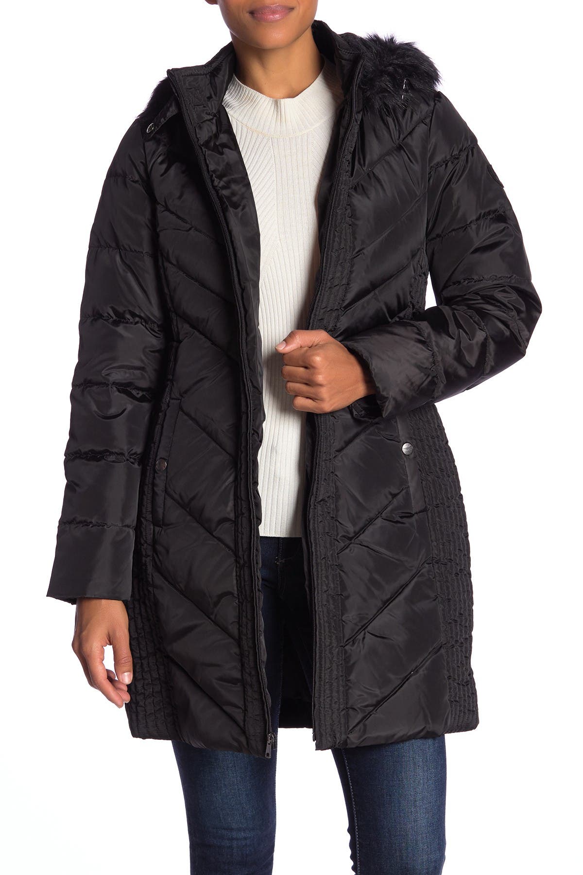 larry levine quilted down faux fur hood coat