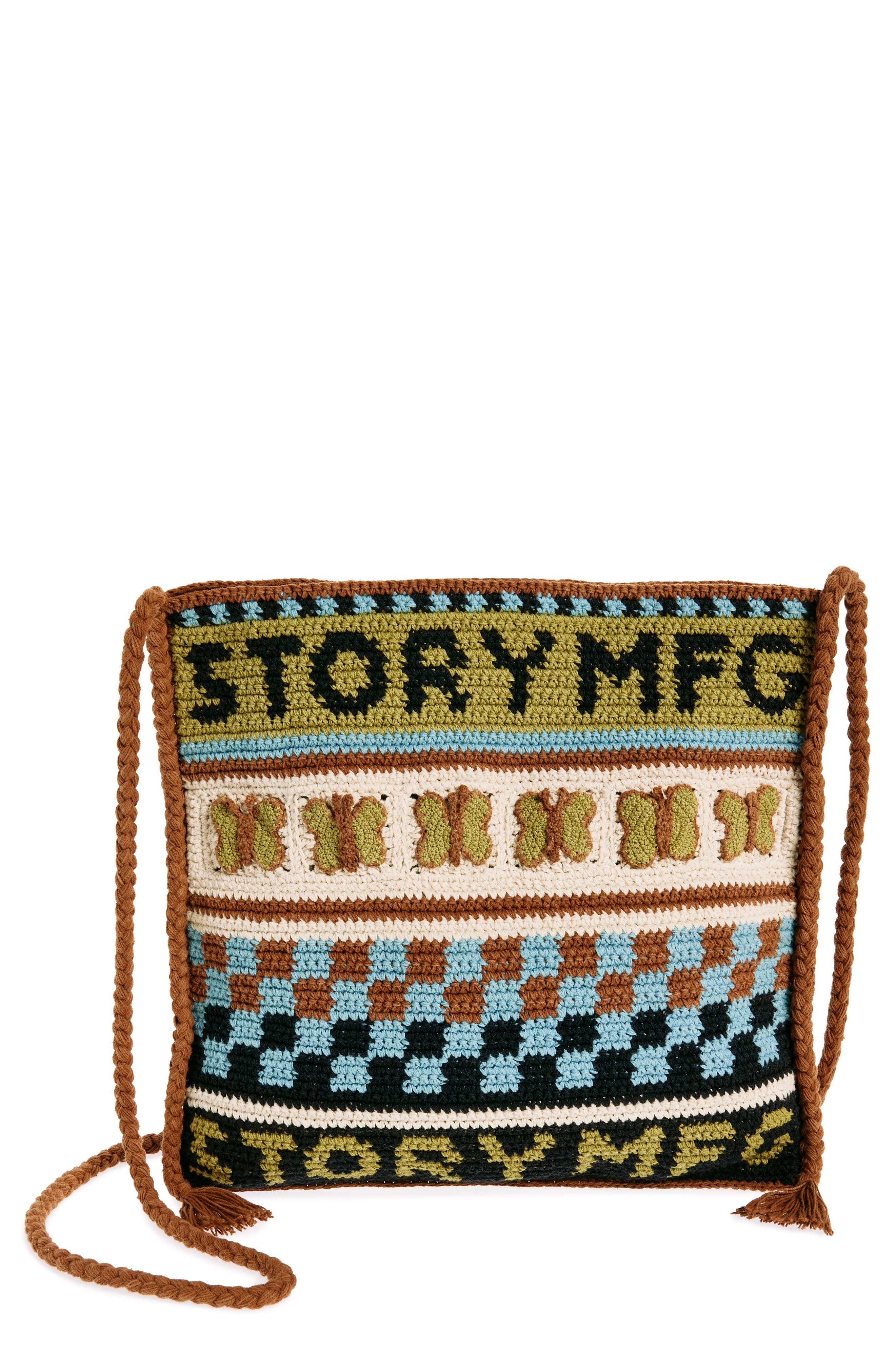Story mfg. Stash Organic Cotton Crochet Crossbody Bag in Olive Butterfly 