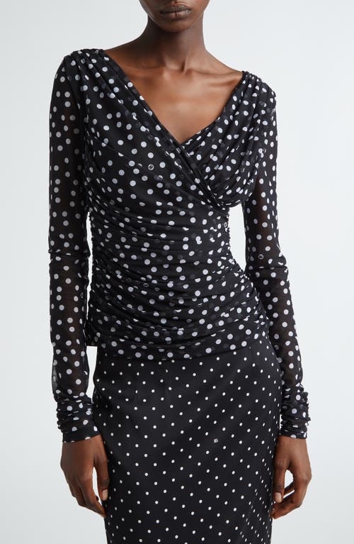 Dolce & Gabbana Ruched Wrap-effect Printed Polka-dot Tulle Blouse In Nero Dot Bianco