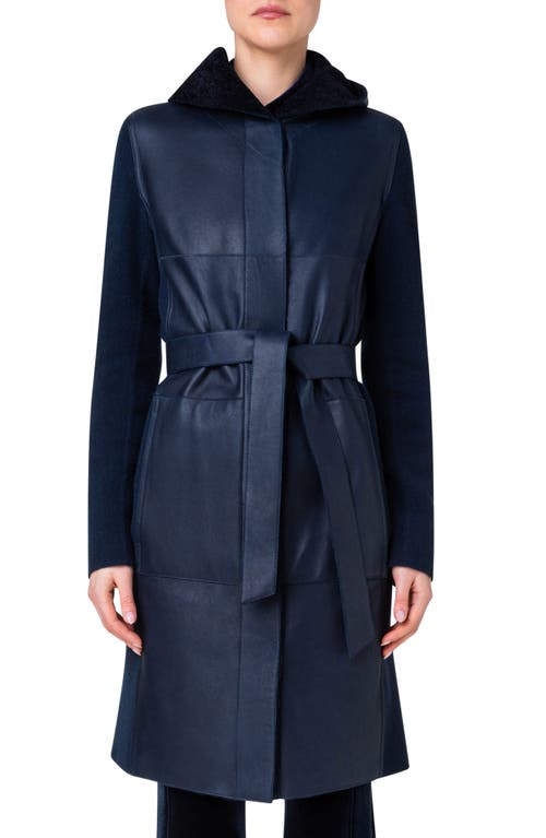 Akris Cashmere Stretch Knit & Genuine Shearling Hooded Coat in 079 Navy at Nordstrom, Size 6