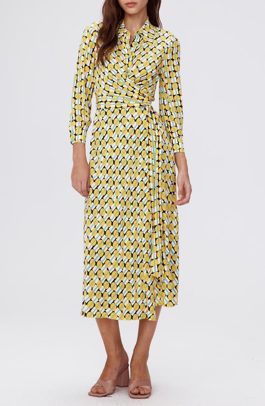 Dvf Geo Print Long Sleeve Midi Wrap Dress In Maypole Yellow