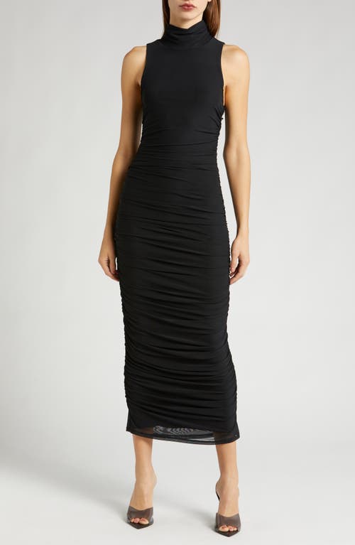 Fiorella Ruched Scrunch Neck Sleeveless Midi Dress in Noir