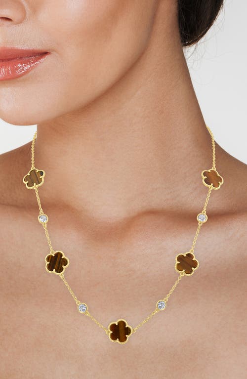 Shop Cz By Kenneth Jay Lane Clover Stone & Cz Station Chain Necklace In Tiger Eye/gold