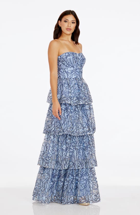 Shop Dress The Population Aubriella Beaded Floral Strapless Tiered Gown In Mineral Blue Multi