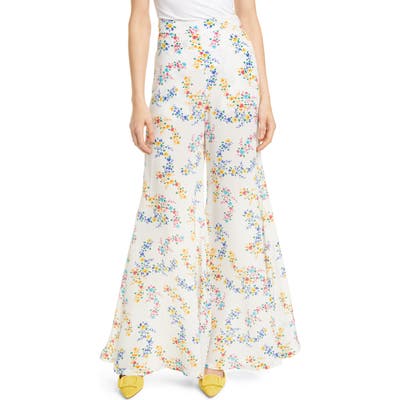 All Things Mochi Coco Floral Print Silk Crepe Flare Pants, White