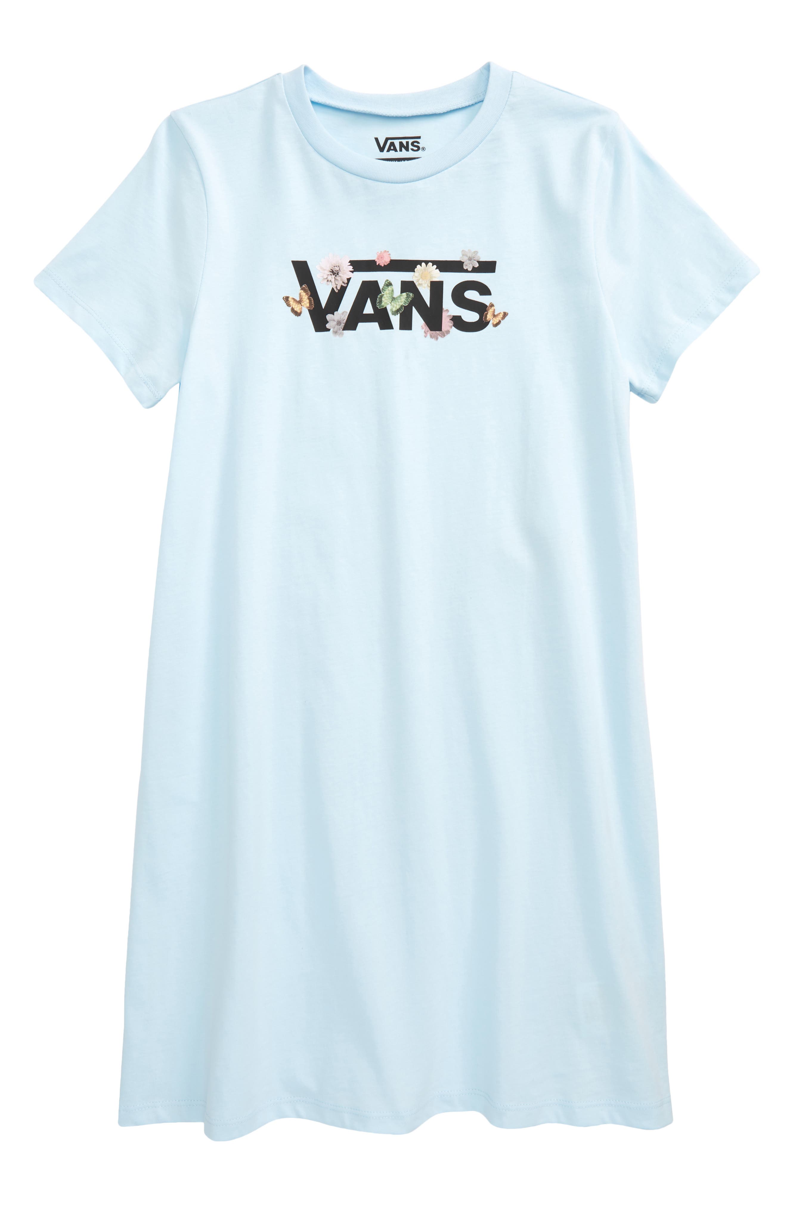 Vans Kids' Butterfly Floral Print Cotton Graphic T-Shirt Dress in Delicate Blue