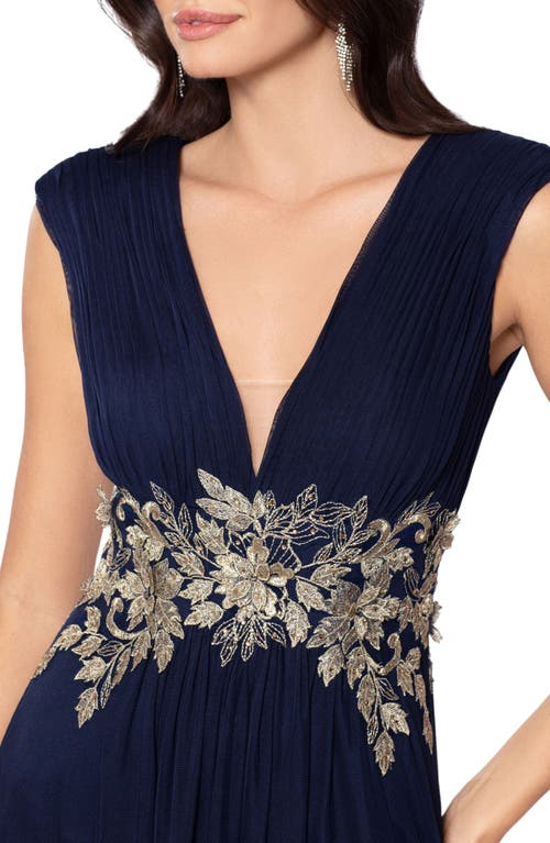 Betsy & Adam Petites Womens Full Length Embroidered Evening Dress In Navy/gold