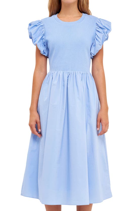 ENGLISH FACTORY ENGLISH FACTORY PUFF SLEEVE MIXED MEDIA MIDI DRESS