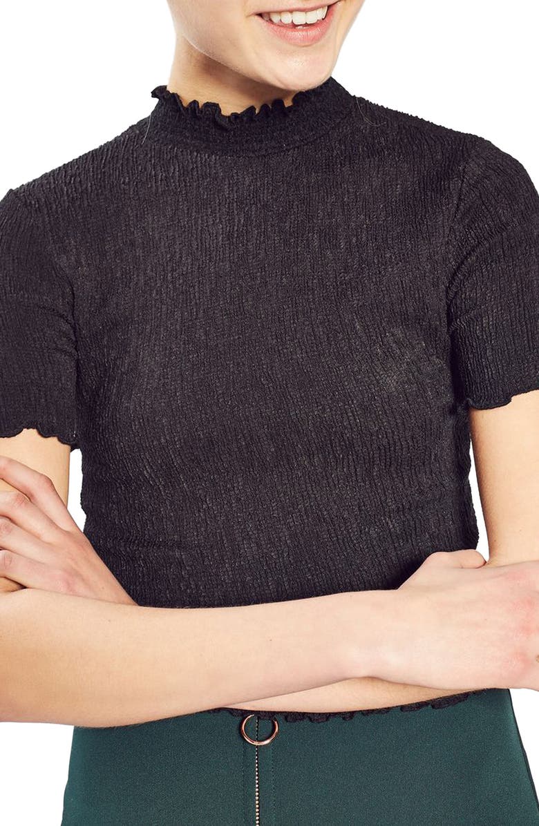 TOPSHOP Textured Ruffle Edge Tee, Main, color, BLACK
