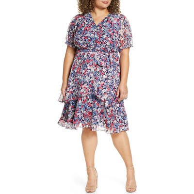 Plus Size Tahari Floral Clip Dot Faux Wrap Dress, Blue