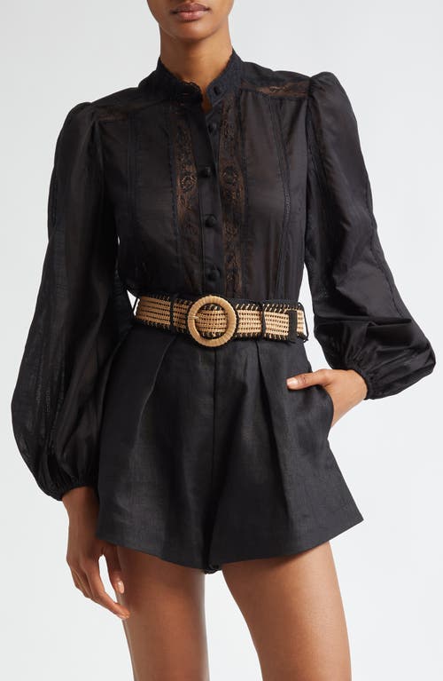 Zimmermann Halliday Floral Lace Trim Balloon Sleeve Cotton Button-Up Shirt at Nordstrom,