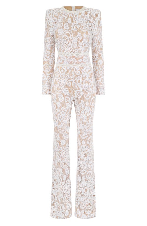 Shop Nadine Merabi Bella Long Sleeve Lace Jumpsuit In White