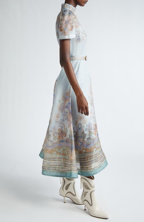 Shop Zimmermann Eden Belted Linen & Silk Midi Dress In Blue Paisley