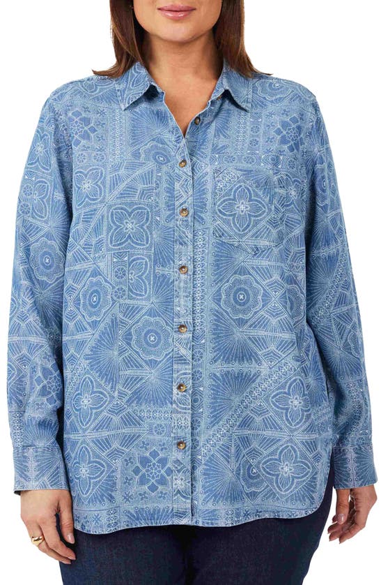 Foxcroft Dotted Floral Boyfriend Button-up Shirt In Bluewash