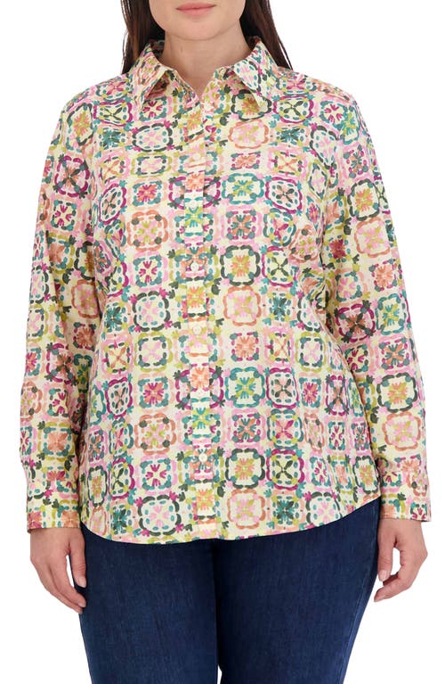 Foxcroft Zoey Watercolor Print Long Sleeve Button-Up Shirt Beige/Purple Multi at Nordstrom,