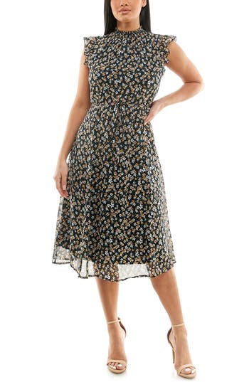 Shop Nina Leonard Smock Chiffon Midi Dress In Black/sunflower Multi