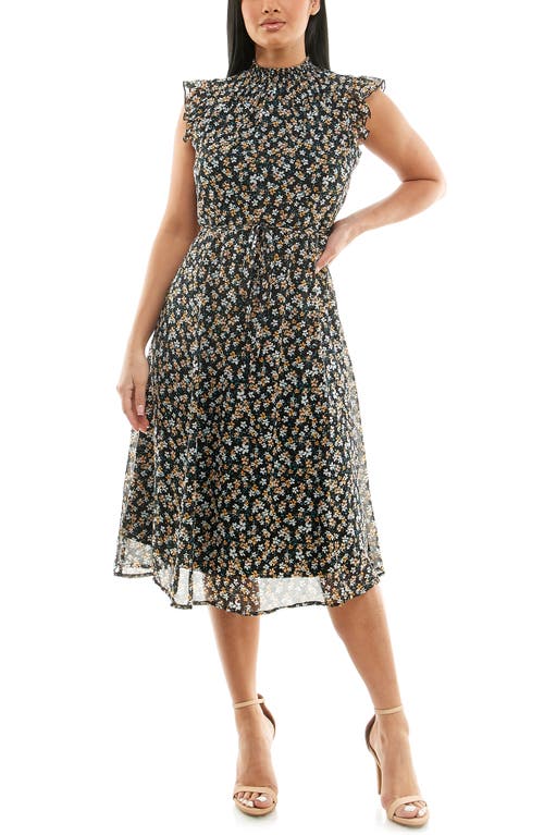 Shop Nina Leonard Smock Chiffon Midi Dress In Black/sunflower Multi