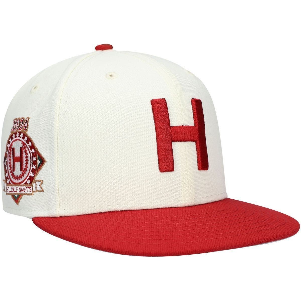 cream and red fitted hat