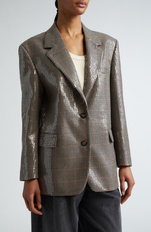 Shop Golden Goose Journey Sequin Houndstooth Virgin Wool Blazer In Beige/black/savvy Red