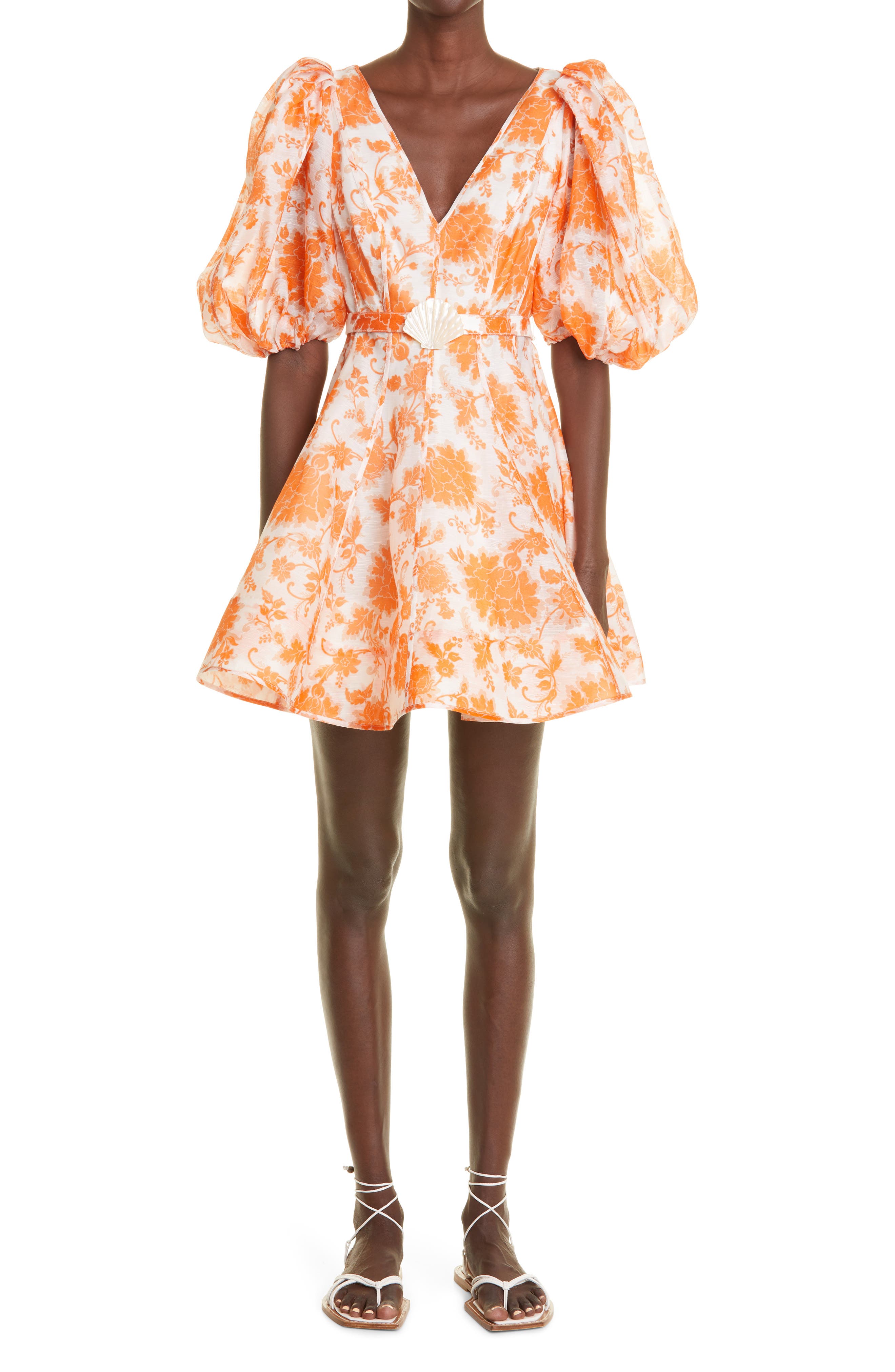 Zimmermann Postcard Puff Sleeve Linen & Silk Minidress in Orange Tonal Floral at Nordstrom, Size 1