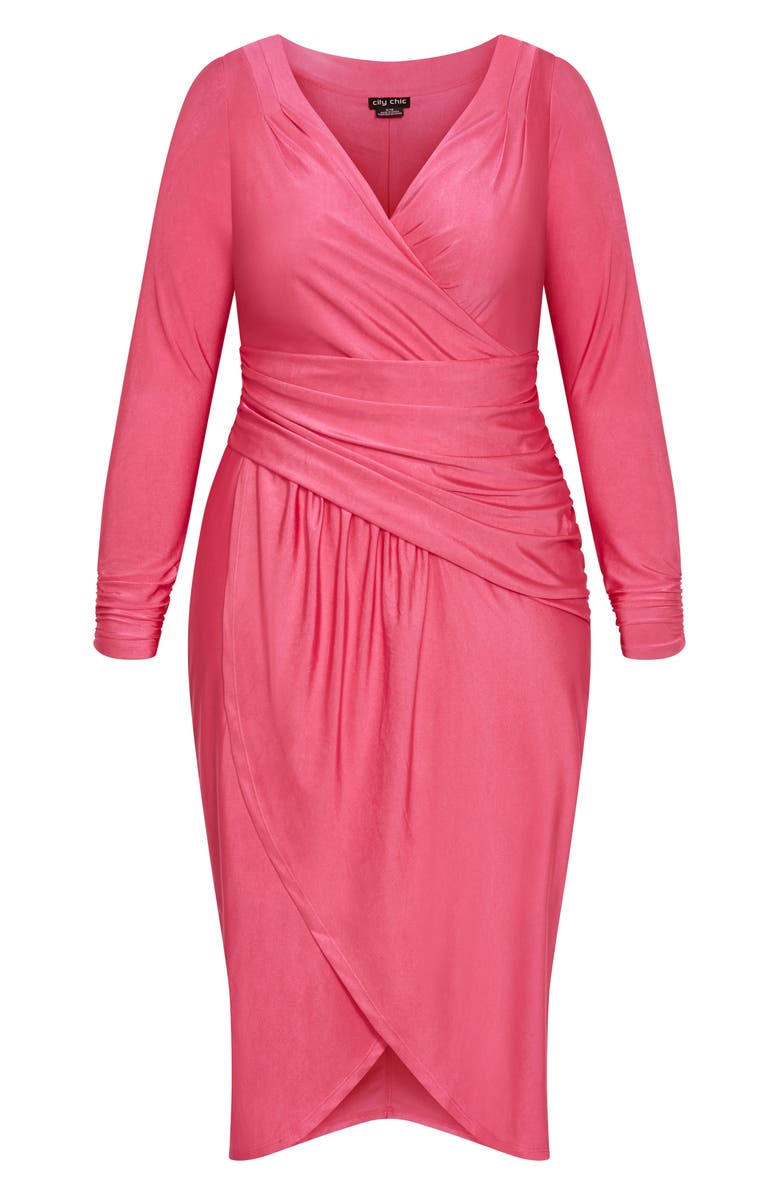 City Chic Marissa Ruched Long Sleeve Midi Dress, Alternate, color, Vibrant Pink