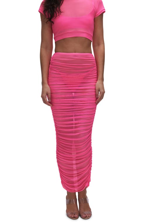 Shop Good American Ruched Mesh Cover-up Maxi Skirt In Knockoutpink001