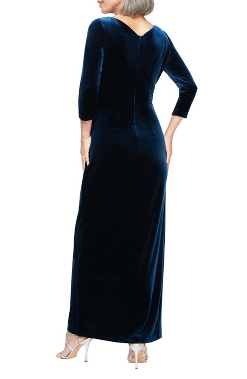 Shop Alex Evenings Pleated Long Sleeve Velvet Gown In Imperial