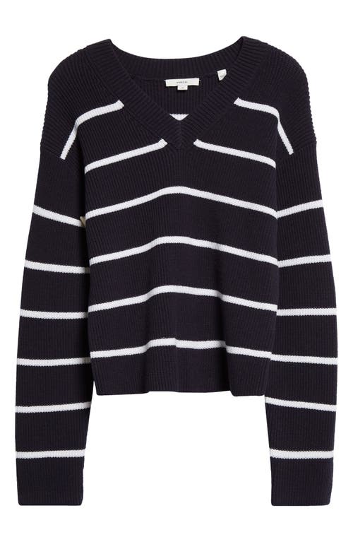 Shop Vince Stripe V-neck Cotton Blend Sweater In Coastal/optic White