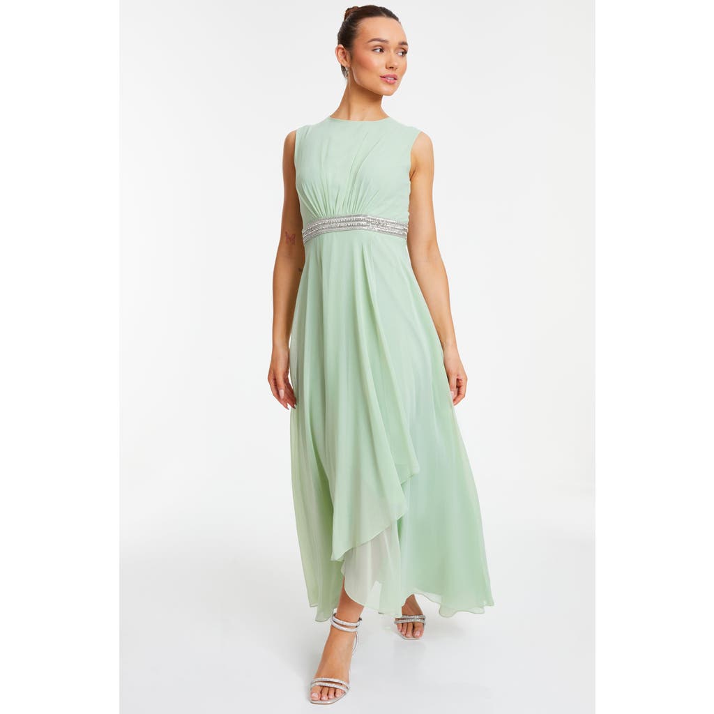 Quiz Chiffon Embellished Round Neck Evening Dress In Green
