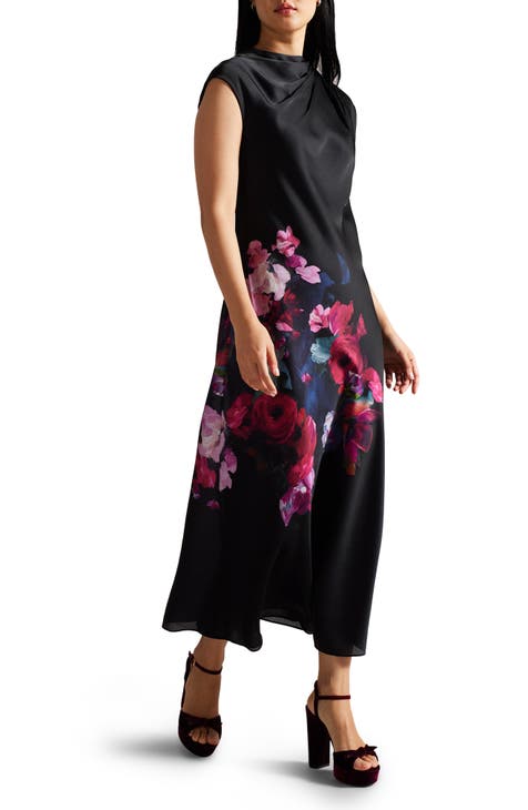 Cap-sleeved Jersey Dress - Black/floral - Ladies