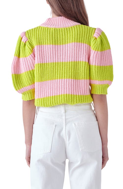 English Factory Stripe Puff Shoulder Mock Neck Sweater In Pink/green