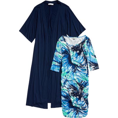 Angel Maternity Ruched Body-Con Maternity Dress & Cardigan, Blue