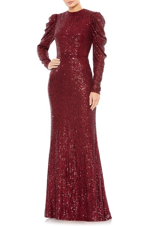 Shop Mac Duggal Sequin Juliet Sleeve Trumpet Gown In Wine