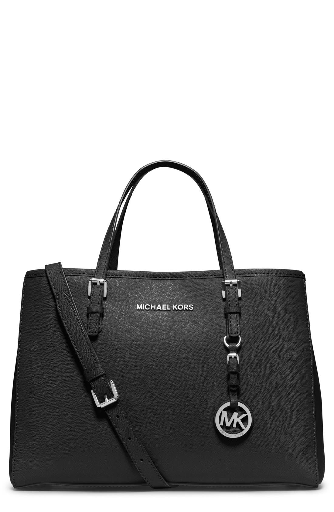 mk jet set saffiano medium travel tote in black