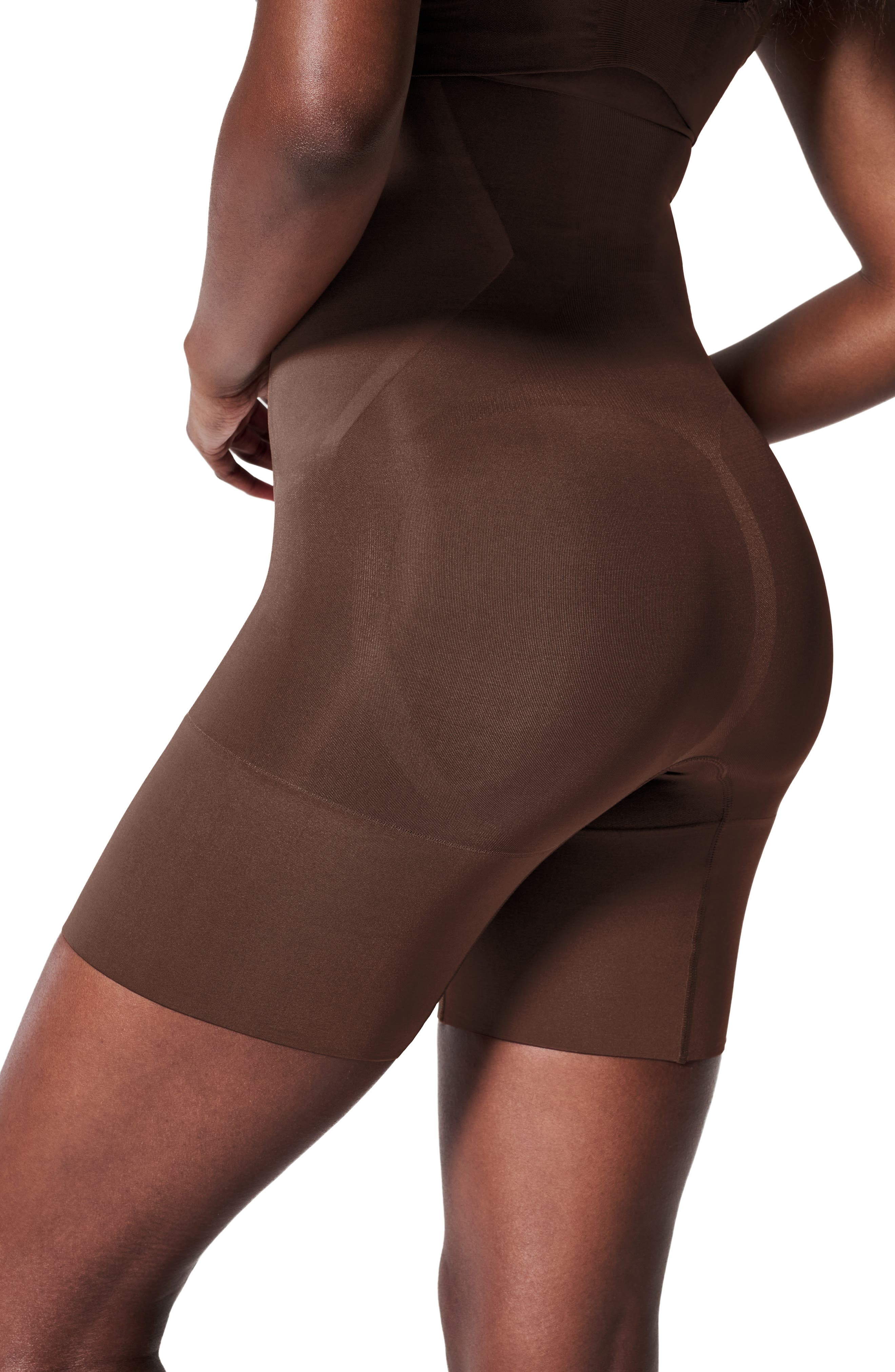 Spanx OnCore sculpting high-waist midthigh contouring shorts in chestnut  brown