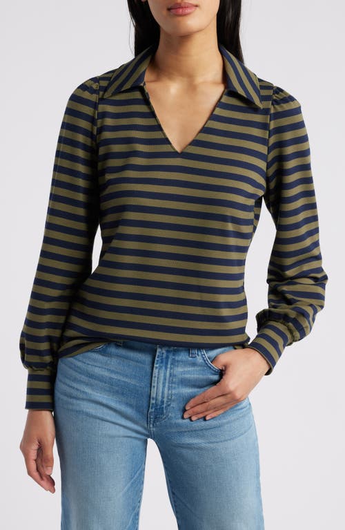 Shop Caslonr Caslon(r) Long Sleeve Johnny Collar Polo In Olive Burnt- Navy Charm Stripe