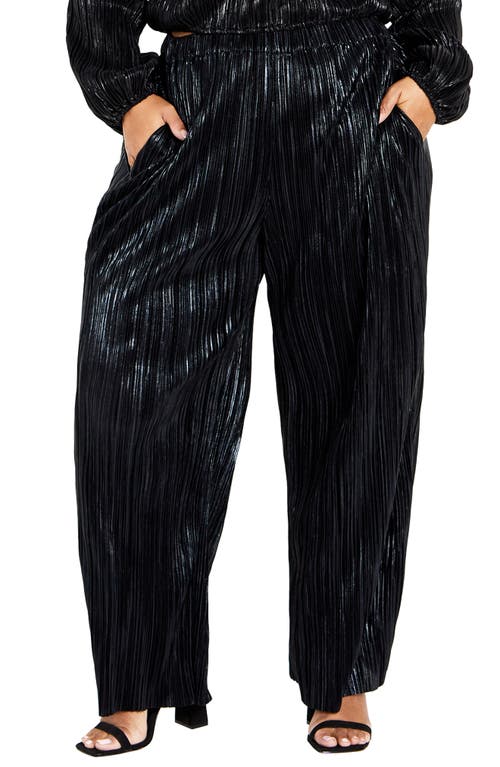 City Chic Lexie Metallic Plissé Wide Leg Pants Black at Nordstrom