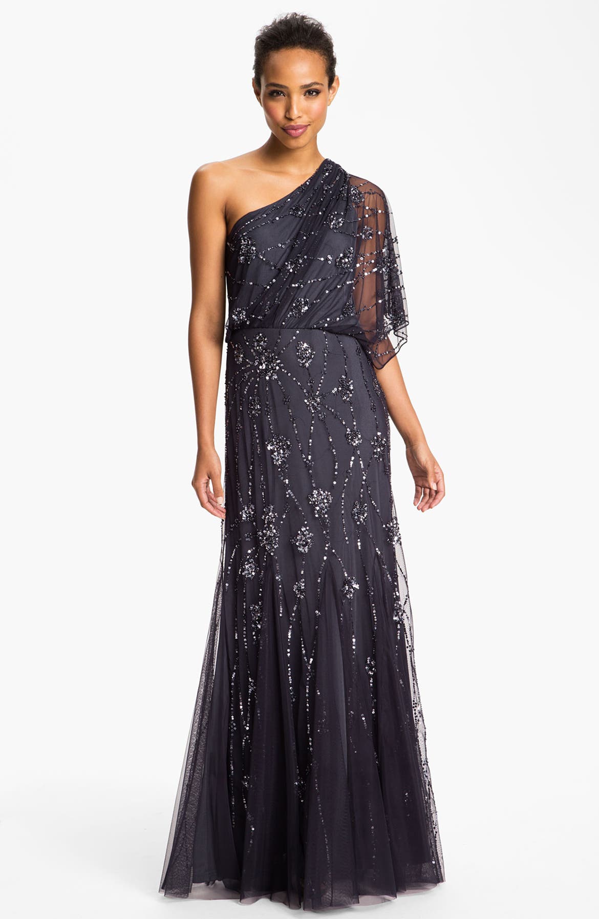 floral beaded square neck column gown - Main Image