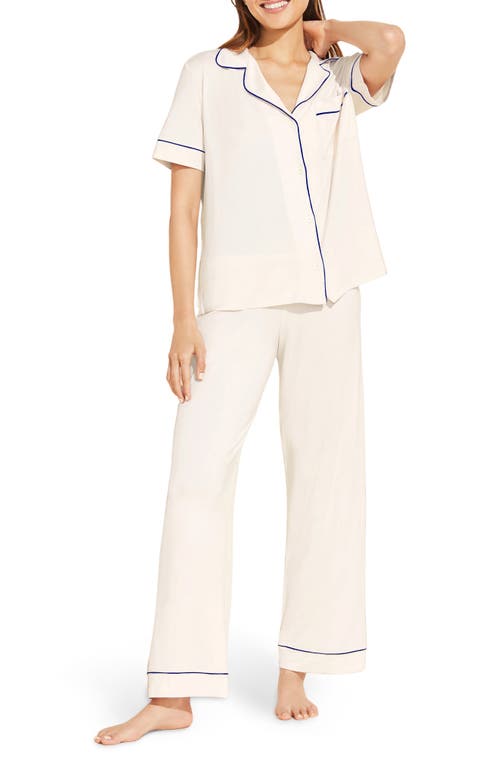 Shop Eberjey Gisele Short Sleeve Jersey Knit Pajamas In Pure Ivory/navy