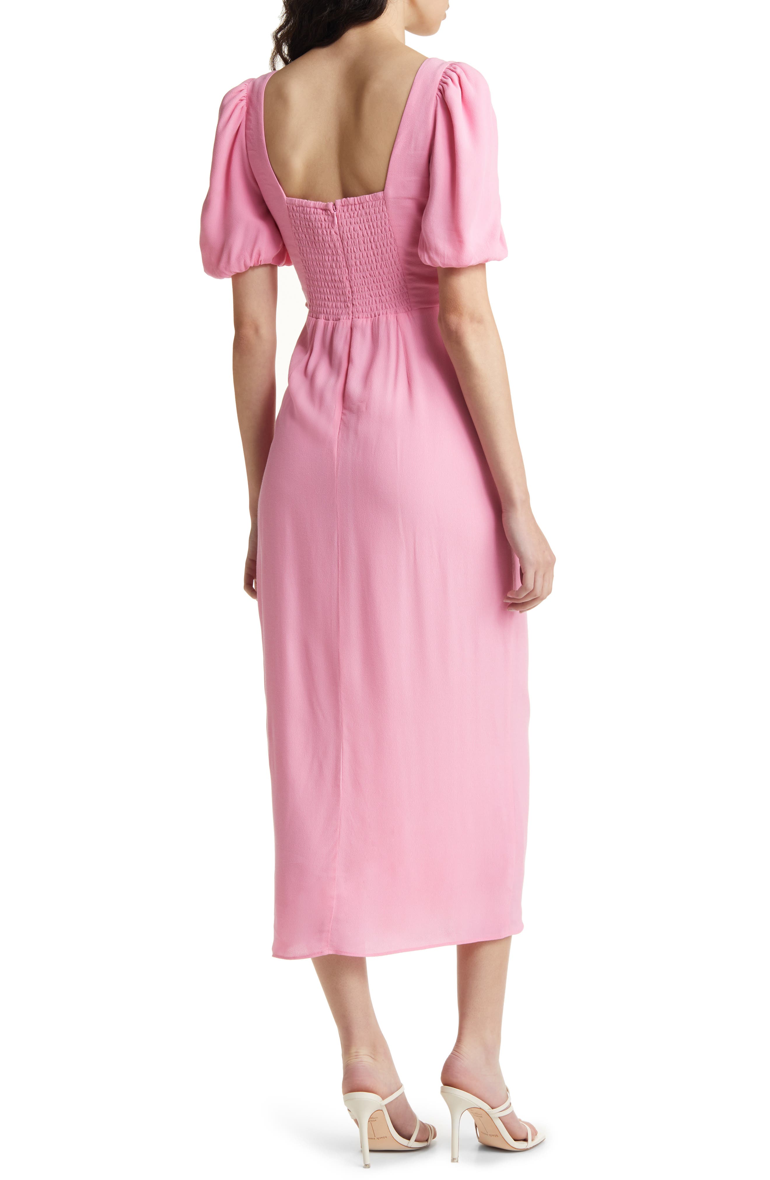 Charles Henry Puff Sleeve Faux Wrap Midi Dress in Bubblegum Pink
