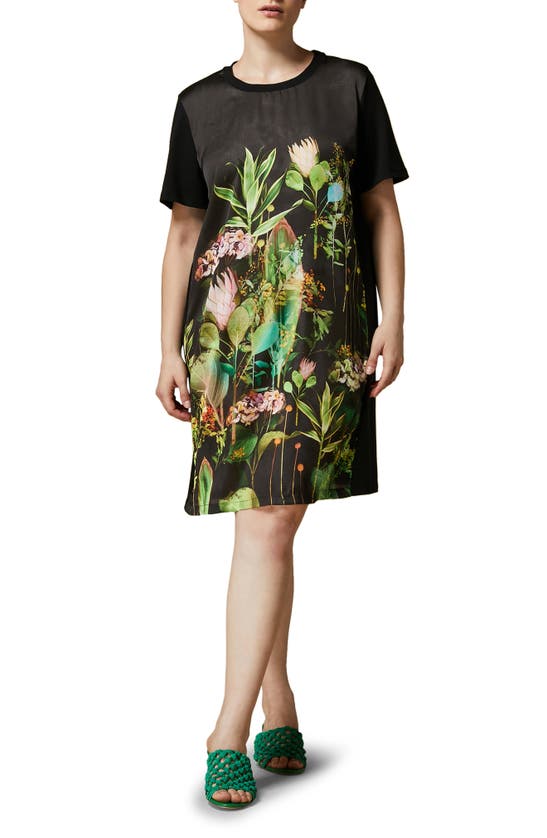 Shop Marina Rinaldi Ezio Floral Jersey & Satin T-shirt Dress In Black