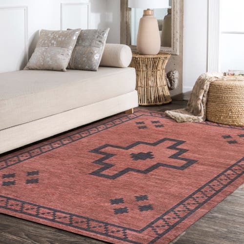 Jonathan Y Korsa Geometric Medallion Machine-washable Area Rug In Red/dark Gray