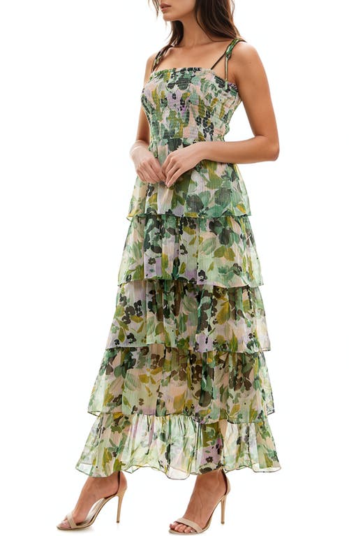 Shop Socialite Floral Tiered Maxi Sundress In Green/lilac