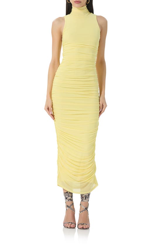 Afrm Fiorella Ruched Turtleneck Mesh Dress In Buttercup