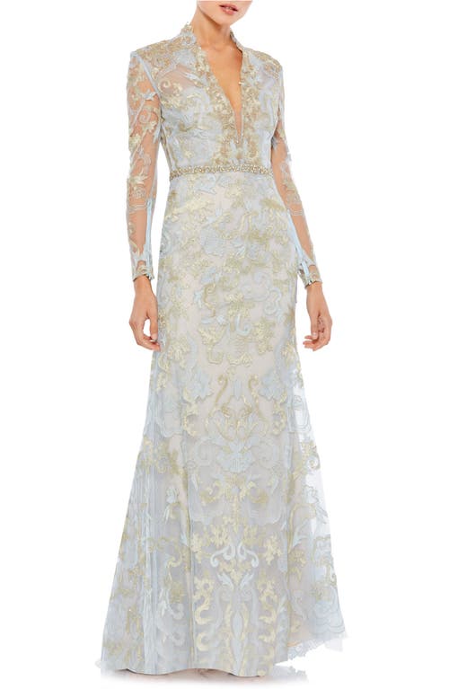 Mac Duggal Beaded Queen Anne Lace Long Sleeve Trumpet Gown Powder Blue at Nordstrom,