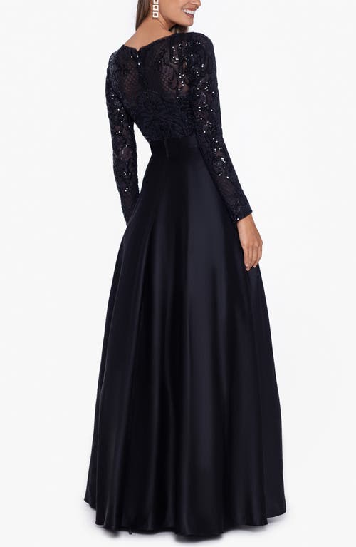 Betsy & Adam Sequin Long Sleeve Ballgown In Blue