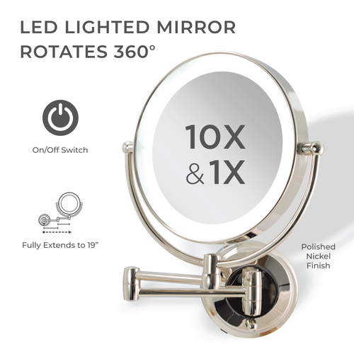 Zadro Lighted Wall Mounted Makeup Mirror With 10x/1x Magnification & Extendable Arm In Polished Nickel